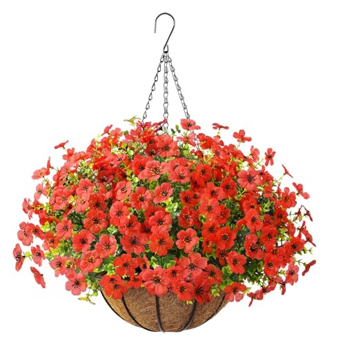 Kingbuy Hanging Basket with Red Artificial Flowers & Fake Plants - Outdoor Hanging Planter for Porch Patio Balcony Yard Decor - All Weather Garden Dec
