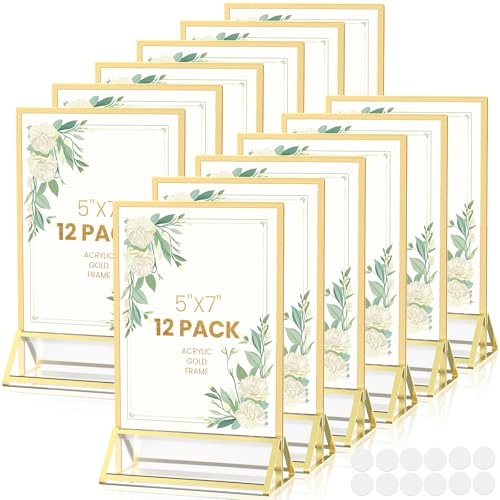 Gold Frames 5X7 Acrylic Sign Holder Double-Sided Tabletop Picture Frames for Menu, Wedding Table Number, Christmas Photos - 12 Pack With Removable Sti