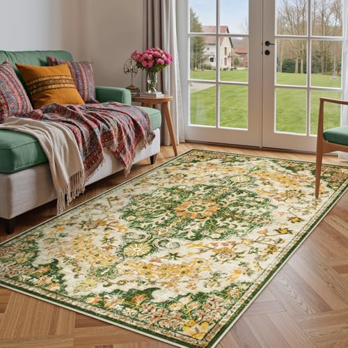 Lahome Bohemian Floral Medallion Area Rug - 4x6 Soft Rugs for Living Room Washable Rugs for Bedroom, Vintage Non Slip Indoor Carpet for Apartment Dini