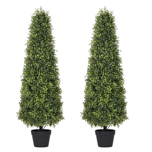 4ft Artificial Boxwood Topiary Trees (Set of 2) - UV Resistant Faux Plants Outdoor, Realistic 48in Fake Potted Bushes and Shrubs for Front Porch, Plan
