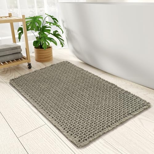 PADOOR Checkered Bath Mat, Super Absorbent Non Slip Bath Mats for Bathroom Floor 3D Woven Bathroom Mat with Tassels Machine Washable Bathroom Rugs Bes