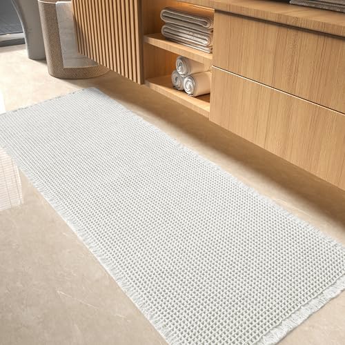 tchdio Waffle Bath Mat-Runner Rug, Super Absorbent Non Slip Bath Mats for Bathroom Machine Washable Long Rugs with Tassels, Bath Rugs for Bathroom Flo