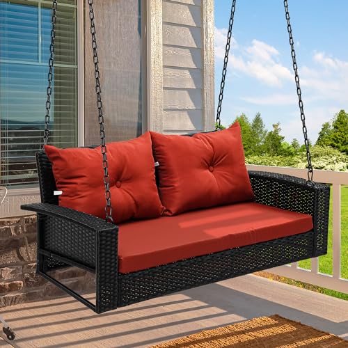 YITAHOME 2-Seats Wicker Hanging Porch Swing Chair Outdoor Black Rattan Patio Swing Lounge w- 2 Back Cushions Capacity 530lbs for Garden, Balcony, Livi