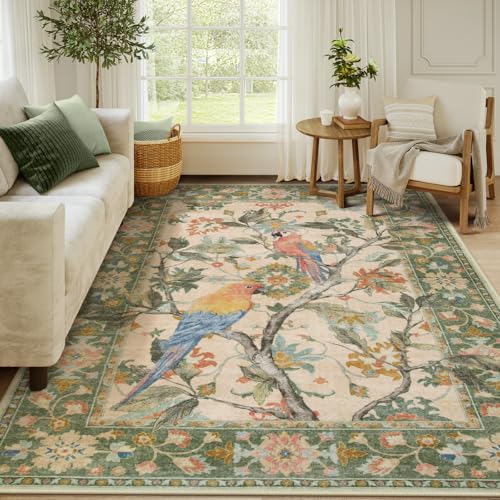 Lahome Botanical Birds Washable Green Rugs for Living Room, 8x10 Dining Room Rugs for Under Table, Large Vintage Indoor Floor Carpet for Bedroom Home
