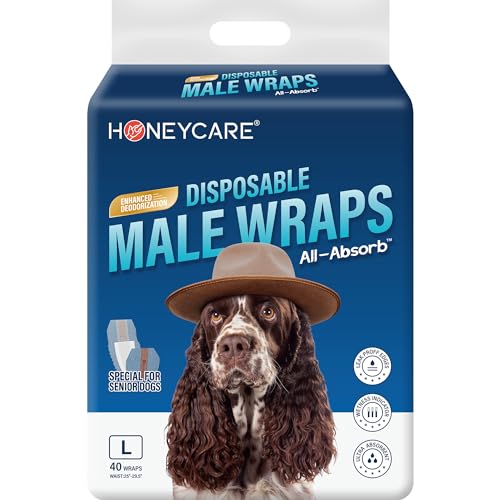 Honeycare Disposable Male Wraps for Senior Dogs, Large Size, 40 Count, Super Absorbent, Breathable, Wetness Indicator, Super Deodorization, Cute Suit