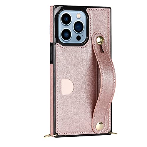 for iPhone 14 Plus with Wrist Strap and Lanyard, Card Holder Phone case with Multi-Functional Stand and Scratch-Resistant, Anti-Drop Protection.（Ros