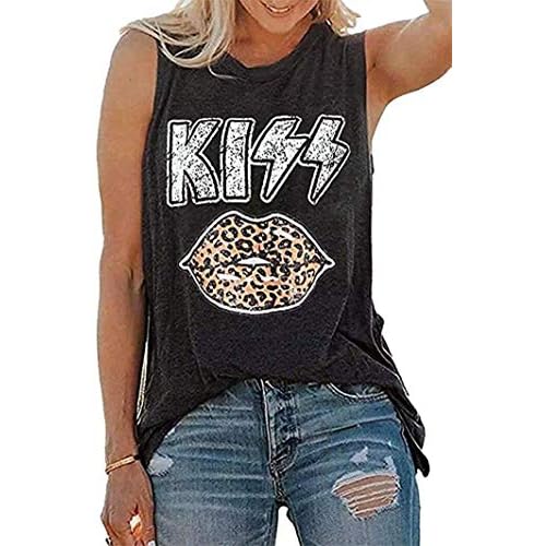 Fuyxxmer Womens Kiss Letter Print Leopard Lips Casual Round Neck Sleeveless Tanks Tops Black Small