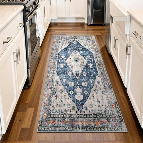 Lahome Boho Tribal Runner Rug - 2x4.3 Blue Hallway Runners Rug Small Bathroom Rugs, Oriental Soft Machine Washable Non Slip Bedside Carpet Runner for