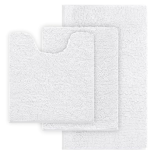 White Bathroom Rugs Chenille Bath Mat Set 3 Piece, Extra Soft, and Absorbent Shaggy Rugs, Machine Wash and Dry, Perfect Plush Carpet Mats for Tub, Sho