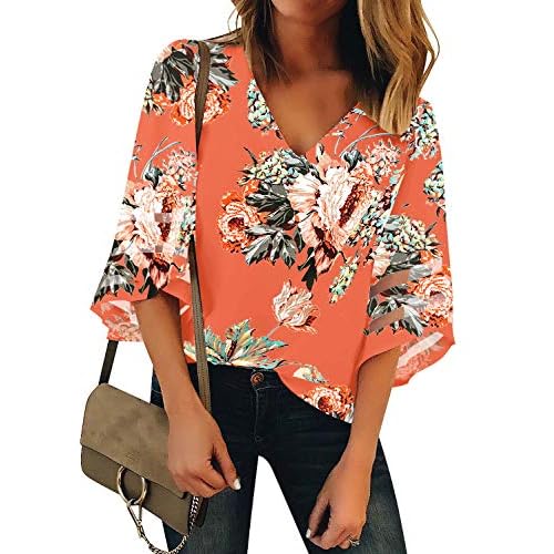 luvamia Women's Casual V Neck Blouse 3-4 Bell Sleeve Mesh Panel Shirts Loose Top Large A1 Floral Print Salmon