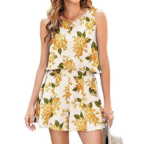 ROYLAMP 2025 Women's Summer 2 Piece Outfits Tank Sleeveless Crop Tops Culottes Shorts Sets Casual Beach Rompers Medium F: White Floral Big