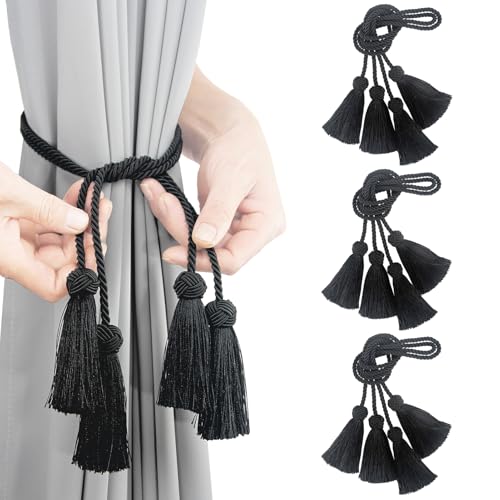 Elegant Curtain Tiebacks Rope Decorative Curtain Tie Backs for Drapes Hand Woven Window Treatment Holdbacks with Tassel, Black 6pack