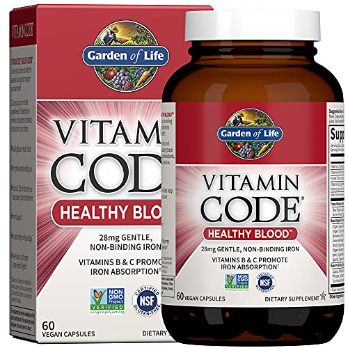 Garden of Life Vitamin Code Healthy Blood - Iron Supplement for Women, 60 Vegan Capsules, with Vitamins B, C, Trace Minerals, Fruit Veggies, Probiotic