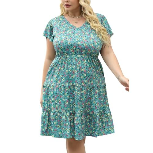 Celkuser Womens Plus Size Casual Summer Dresses Ruffle Sleeve Tiered Swing Midi Dress with Pockets 14 Plus Floral