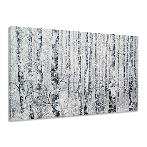 Yihui Arts Modern Birch Tree Canvas Wall Art with Textured Black and White Forest Painting on Canvas Pictures for Living Room Bedroom Bathroom Decorat