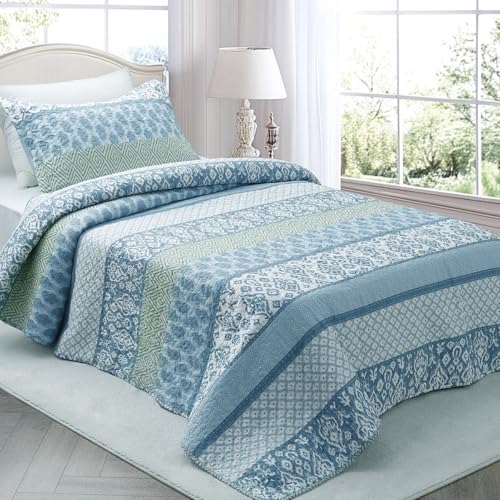KASENTEX Twin Quilt Set Lightweight Bedspread Coverlet(Blue Paisley, 86x68) TWIN + 1 Sham Multi-blue C