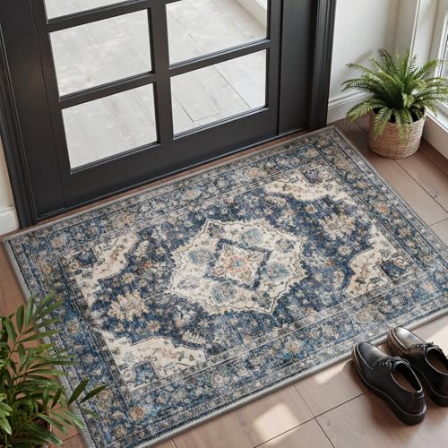 AMOAMI-2X3 Small Rug-Washable Rugs Entryway Mat Indoor-Soft Vintage Non Slip Rugs for Kitchen Laundry Room Bathroom Blue Decorative Accent Rug for in