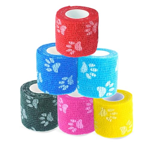 Pet Bandage 6 Rolls, Adhesive Bandage, Self Adhesive Bandage, First Aid Adhesive Gauze, for Horses, Dogs,Cats, Birds, Animals (Paw Prints, 2 Inch (Pac