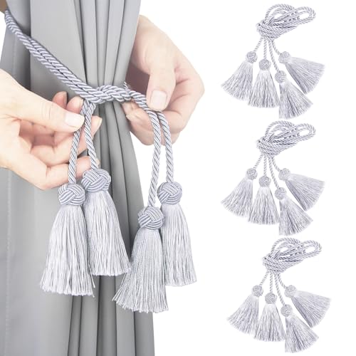 Elegant Curtain Tiebacks Rope Decorative Curtain Tie Backs for Drapes Hand Woven Window Treatment Holdbacks with Tassel, Grey 6pack
