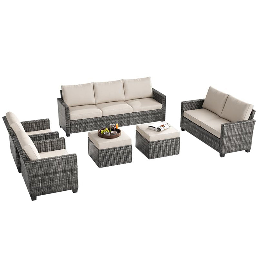Garvee Patio Furniture Set of 6, Outdoor Rattan Patio Conversation Sets with 2-Seats Sofa, 3-Seats Sofa, 2 Single Chairs and 2 Ottomans for Backyard G