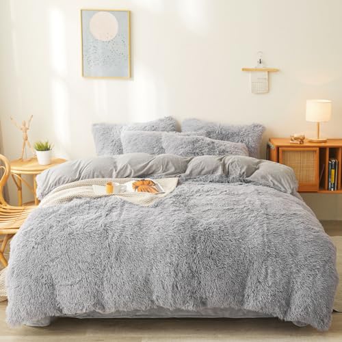 Fluffy Twin Comforter Set - Ultra Soft Plush Gray Bedding 2 Pieces (1 Faux Fur Comforter + 1 Fuzzy Pillowcase) Shaggy Gray Twin Bed Set