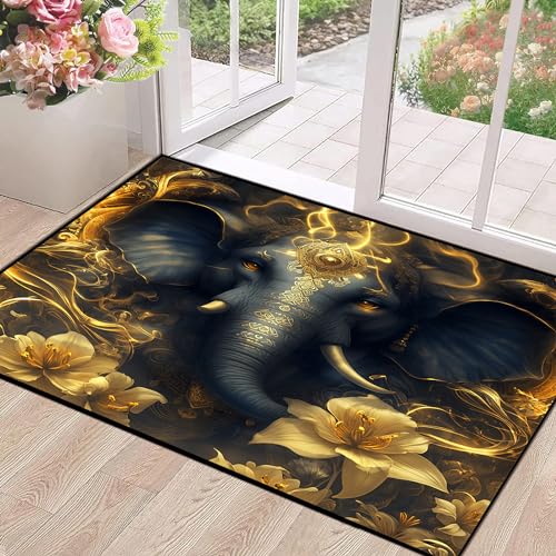African Elephant Area Rug Opulent Gold Flowers Rugs for Living Room Bedroom Office Non-Slip Washable Indoor Floor Mat Doormat Throw Rugs Carpet 47 in