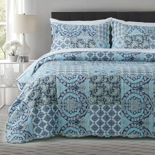 KASENTEX Country-Chic Printed Pre-Washed Quilt Bedding Set - Microfiber Fabric Quilted Pattern Bedding (Multi-Blue B, King + 2 Shams) KING + 2 Shams M