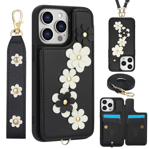 for iPhone 16 Pro Max Wallet Case with 4 Credit Card Holder Slots, Flower Pattern PU Leather Magnetic Clasp Kickstand with Long and Short Strap.-Black