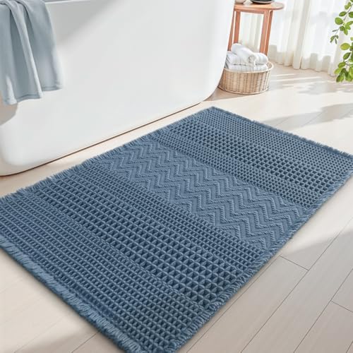 AMOAMI Waffle Bath-Mat, Super Absorbent Bath Mats for Bathroom, Boho Bathroom Rugs Non Slip Washable, Ultra Soft Bath-Mat with Tassels Bath Rugs for F