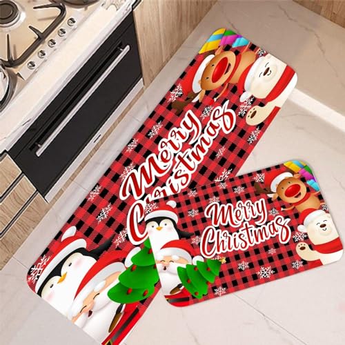 Christmas Kitchen Rugs Sets of 2, Plaid Merry Floor Mats Snowman Santa Claus Reindeer Non-Slip Penguins Snowflakes Xmas Rug Doormat Indoor Home Decor,