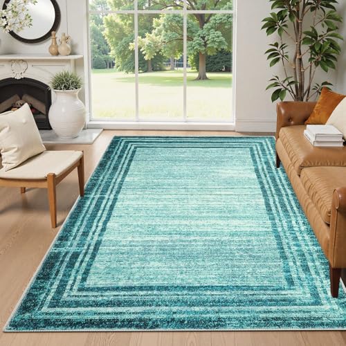 Lahome Modern Abstract 6x9 Area Rugs for Living Room, Washable Teal Bedroom Rug 6x9 Non Shedding, Low-Pile Soft Minimalist Bordered Indoor Large Carpe
