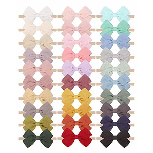 jollybows 30pcs Baby Girls Nylon Hair Bows Headbands Linen Bands Elastic Accessories for Kids Infants Newborn (3-30 PCS Solid Linen) 2- 30PCS baby hea