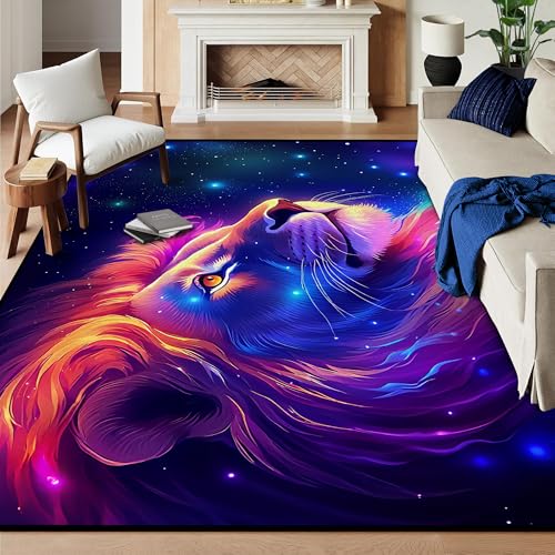 6' x 9' Galaxy Lion Rug Large 3D Fierce Lions Space Area Rugs for Kids Bedroom Living Room Playroom Gameroom Boys Glitter Carpet Throw Rugs Floor Mat,