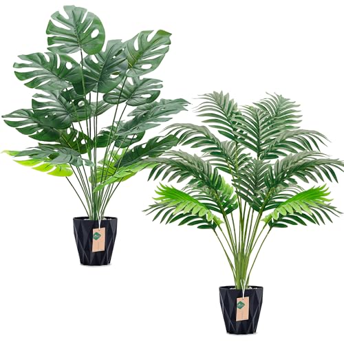 Der Rose 2Packs 28'' Fake Palm Tree Large and Artificial Monstera Plants Outdoor for Home Living Room Porch Balcony Garden Decor Indoor Black 2