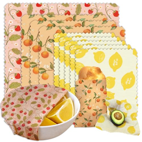 Beeswax Food Wrap 9-Pack (5S 3M 1L), Reusable Beeswax Food Wraps, Beeswax Wraps Reusable Solution, Sustainable and Versatile-Strawberry Orange Lemon