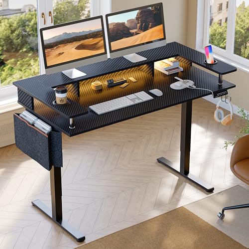 Bestier LED Electric Standing Desk Adjustable Height, 58x26 Inch Large Sit Stand Desk with Monitor Stand, Ergonomic Rising Office Workstation, Headpho