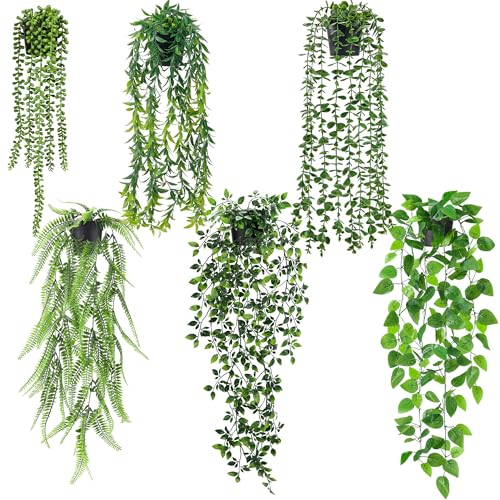 Der Rose 6Pcs Fake Hanging Plants Artificial Decor Faux Potted Greenery Hanging Plants Indoor for Wall Shelf Bathroom Kitchen Outdoor Decor