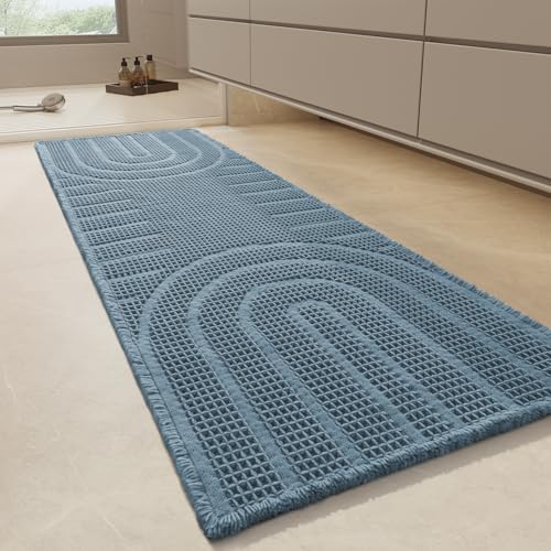 AMOAMI Waffle Bathroom Runner Rug Super Absorbent Bath Mats Non Silp Machine Washable Bathroom Mat Soft Bath Rugs with Tassels Front of Bathtub, Sink,