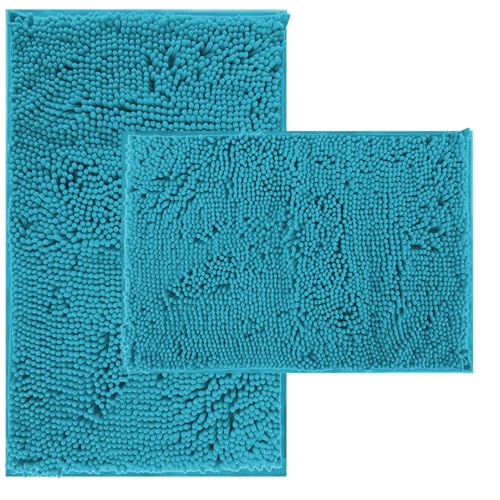 Chenillen Bath Rug Set 2 Piece Non-Slip Bath Mats, Teal Blue Absorbent Shaggy Rugs, Machine Wash, Perfect Plush Teal Blue 32"L x 20"W + 24"L x 16"W