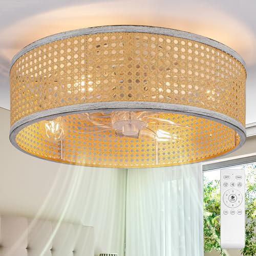 20" Boho Rattan Fandelier, Flush Mount Caged Ceiling Fan with Light & Remote Control, Drum Shade, 6 Speed-Timer-3 CCT--Bladeless-Quiet Motor-Low Profi