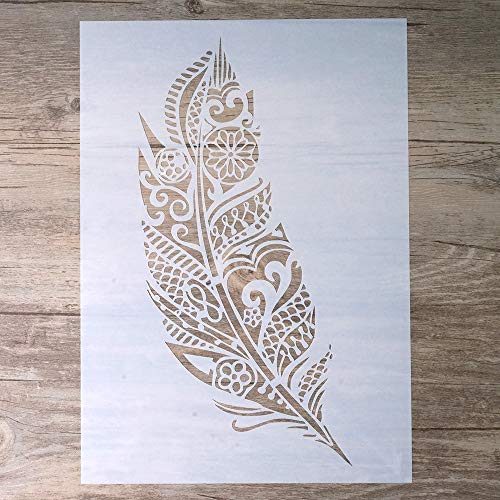DIY Decorative Mandala Feather Stencil Template for Scrapbooking Painting on Walls Furniture Crafts (A4 Size)