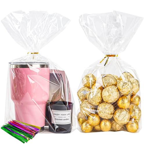 NPLUX 100 Pack Cellophane Bags Clear Flat Bottom Cellophane Treat Bags Gusseted with 100 Pack Twist Ties for Candy Popcorn Cookie Small Gift Wrapping(