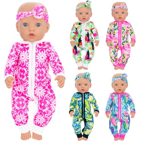 ZITA ELEMENT 5 Sets Baby Doll Clothes and Headbands for 14-18 inch Dolls - Stylish Jumpsuits and Headbands for Dolls Accessories (Doll NOT Included) S