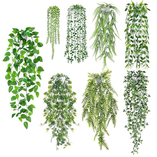 Der Rose 8Pcs Fake Plants Hanging Artificial Ivy Vine Faux Eucalyptus Hanging Plants for Home Boho Wall Shelf Indoor Outdoor Decor (White Pots) White
