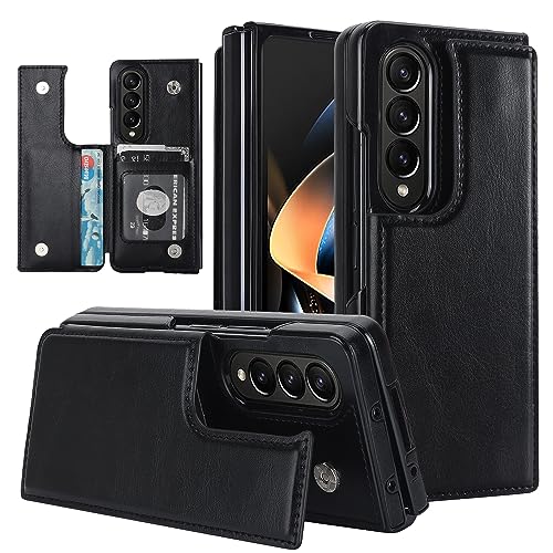 for Samsung Galaxy Z Fold 3 Wallet Case with Credit Card Holder, Fold Premium Leather Magnetic Clasp Kickstand Heavy Duty Protective Cover.(Black) Bla
