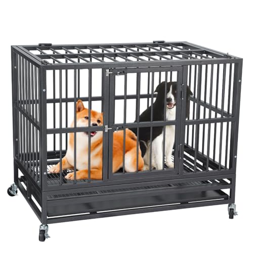 Garvee 36 inch Heavy Duty Indestructible Dog Crate Steel Escape Proof,Indoor Dog House High Anxiety Cage, Kennel with Wheels,Removable Tray