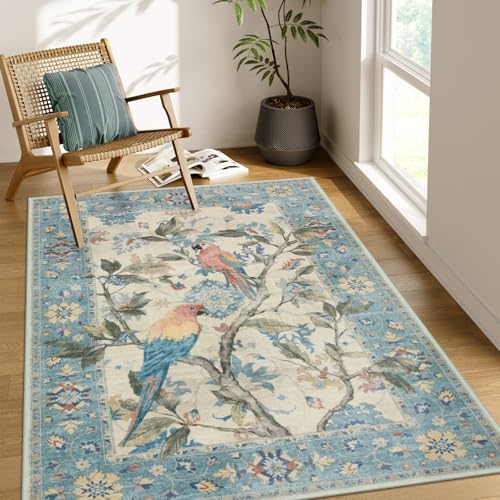 Lahome Botanical Birds 5x7 Washable Blue Living Room Rugs, Soft Non Slip Dining Room Rugs for Under Table, Boho Vintage Indoor Floor Carpet for Bedroo