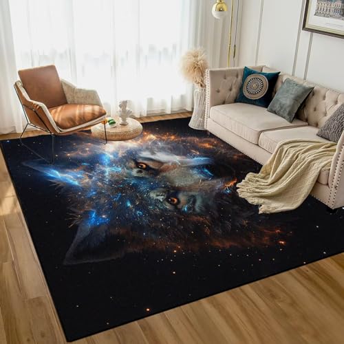 6' x 9' Galaxy Wolf Rug Fierce Animal Area Rugs Washable Funny Non Slip for Kids Bedroom Living Room Throw Rugs Carpet Durable Floor Mats Door Pad Hom