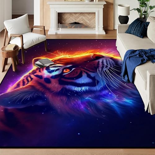 6' x 9' Galaxy Tiger Rug Large 3D Fierce Tigers Space Area Rugs for Bedroom Living Room Playroom Gameroom Boys Kids Fire Glitter Carpet Throw Rugs Flo
