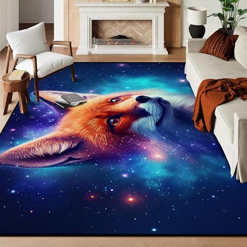 6' x 9' Galaxy Fox Rug Large 3D Cute Foxes Space Area Rugs for Bedroom Living Room Playroom Boys Kids Cartoon Colorful Carpet Glitter Stars Throw Rugs